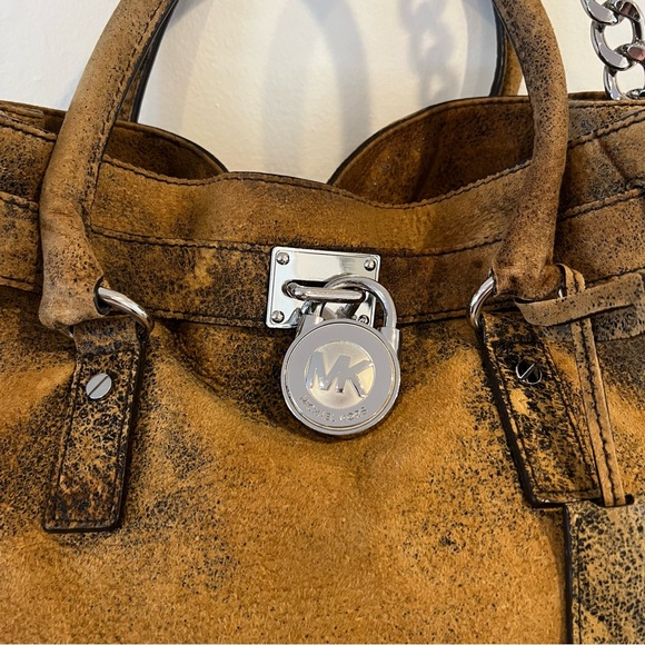 Michael Kors Hamilton Distressed Suede Leather Mocha Brown Lock Key Bag Satchel - Picture 3 of 16